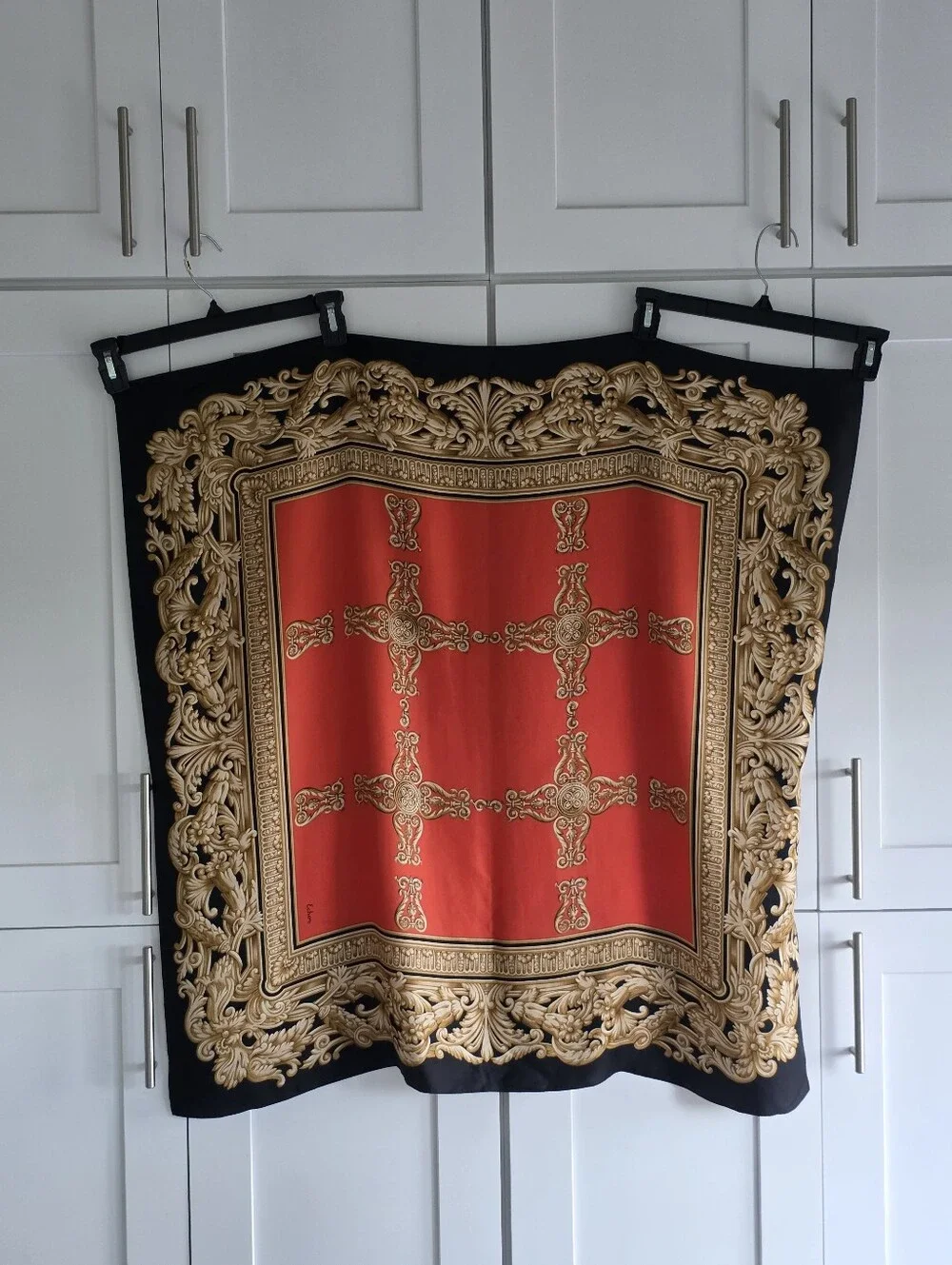 100% Silk Scarf 35x35 Gorgeous Black Orange Ornate Baroque Scarf